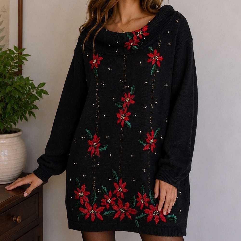 Victoria Jones Poinsettia Christmas Sweater Dress XL Ramie Cotton Holiday Tunic